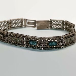 Wells Art Deco Blue-Green Colored Paste Stone Filigree Stering Silver Bracelet
